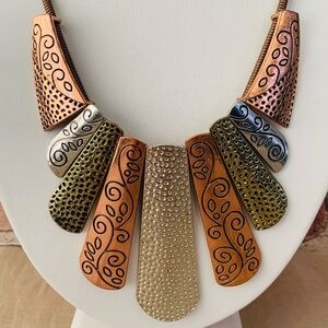 Tribal Three Color Metal Statement Bib Necklace